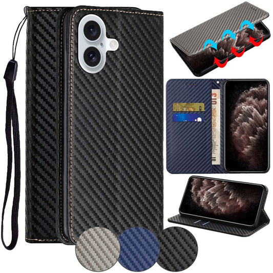 Handy Tasche für Apple iPhone 16 Carbon Fiber Wallet Hülle Magnet Klapp Etui