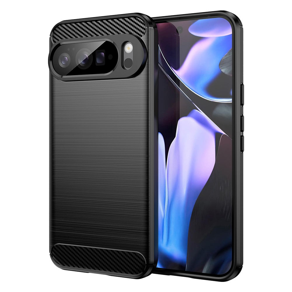 Google Pixel 10 Pro XL Hülle in Schwarz, Rückseite im Carbon-Look, schräg mit