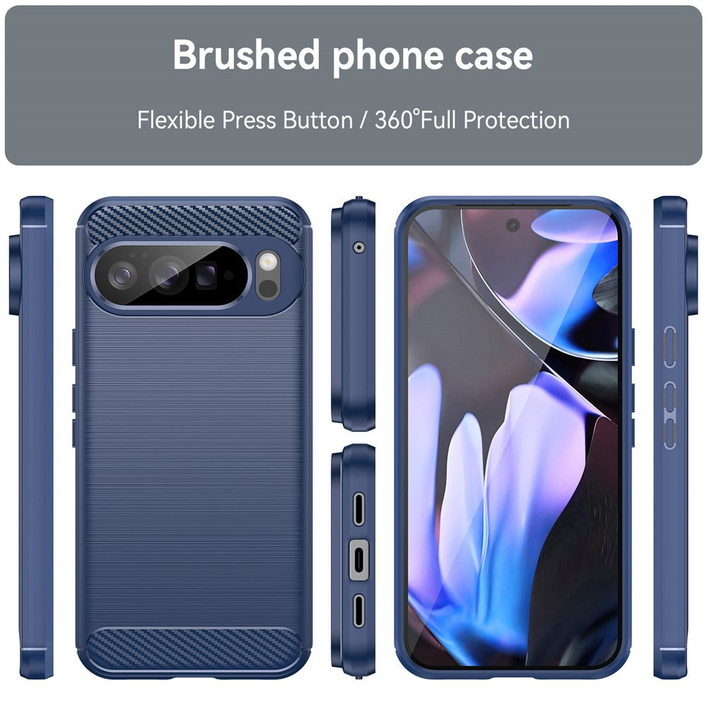 Blaue Pixel 10 Pro XL Schutzhülle mit Carbonmuster, Rundumansicht von oben