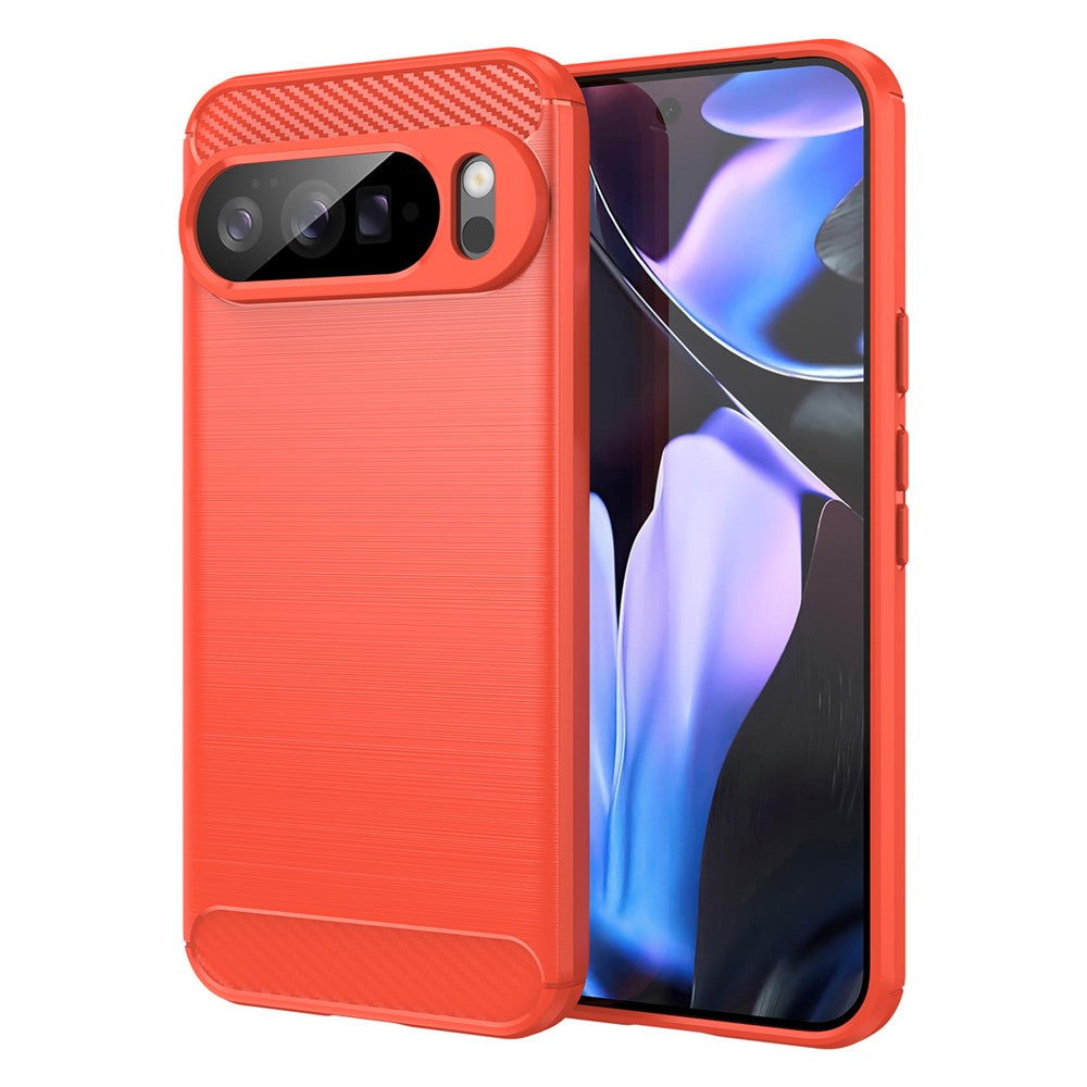 Rote Pixel 10 Pro XL Handyhülle, Rückansicht Carbon, schräg über Vorderseite