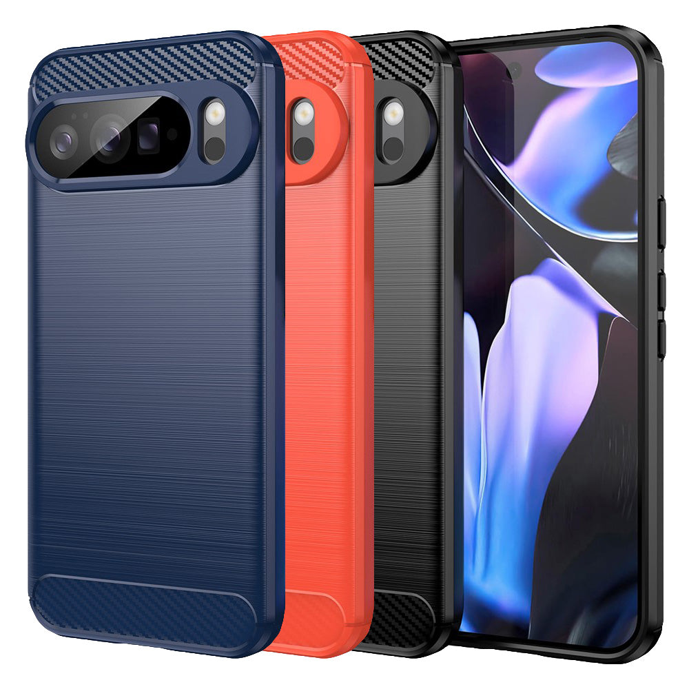 Google Pixel 10 Pro XL Handyhülle in Schwarz, Blau und Rot – Rückseite im Carbon-Look, versetzt nebeneinander