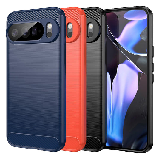 Google Pixel 10 Pro XL Handyhülle in Schwarz, Blau und Rot – Rückseite im Carbon-Look, versetzt nebeneinander